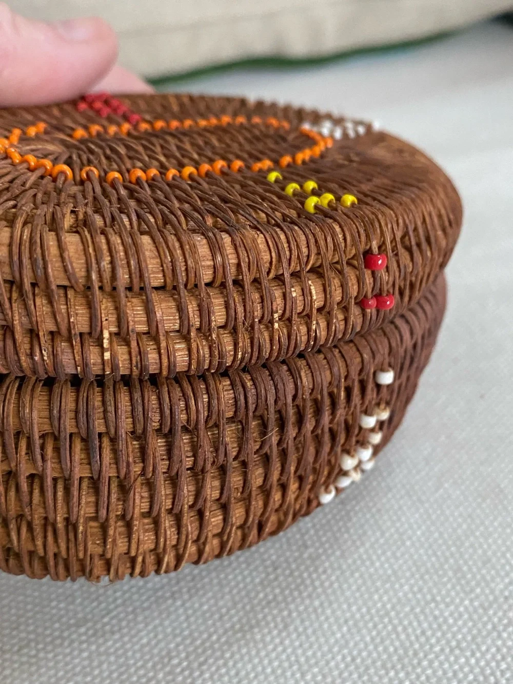 2 VTG Indonesian Lombok Handwoven Rattan Beaded Trinket Box Lid Seed Bead Accent